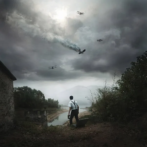 Simon McCheung conceptual fine art surreal fashion portraiture printed on Fuji Crystal Matt C-Type featuring man watching a plane crash Simon McCheung conceptual fine art surreal fashion portraiture printed on Fuji Crystal Matt C-Type featuring man watching a plane crash