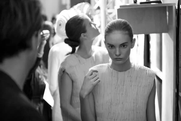 Asia Werbel images from backstage at London Fashion Week printed on Fuji Crystal Archive Matt photographic printing paper model about to go out onto stage